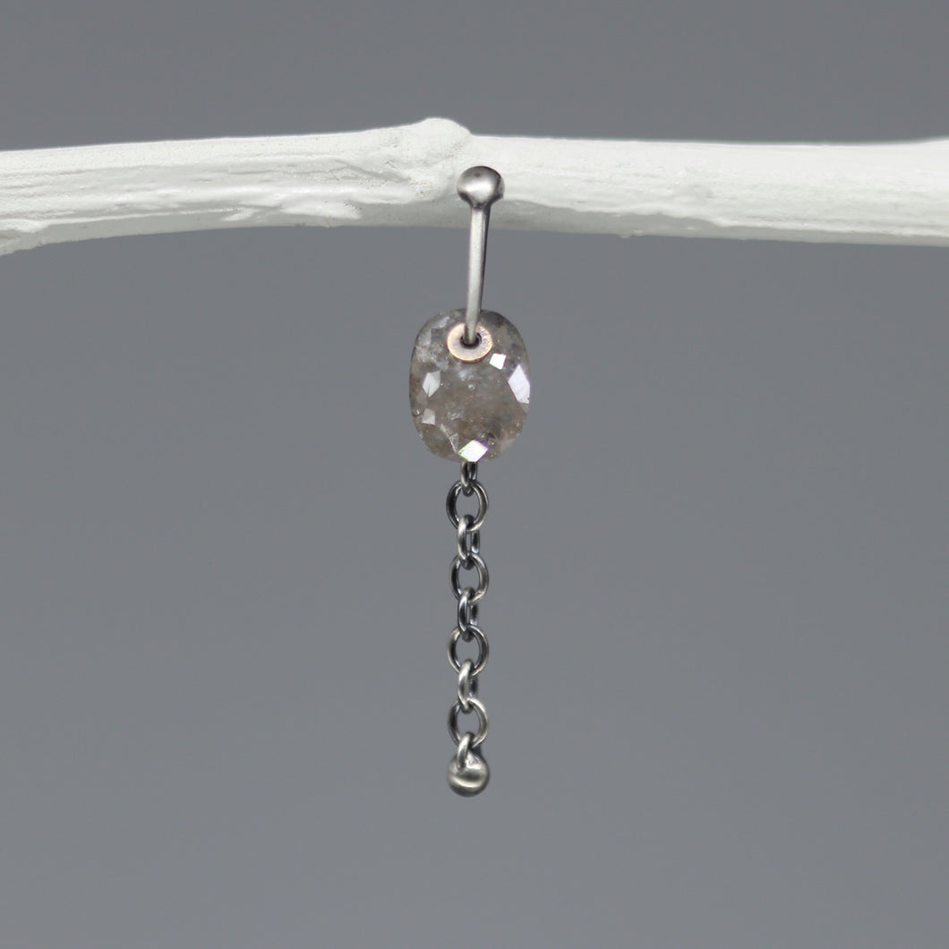 Dove grey rose cut diamond single earring with sequin-style setting, fine silver chain and 18ct gold detail, handcrafted in London by Tamara Gomez.