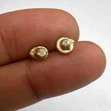 Load image into Gallery viewer, Handcrafted Oddity sculptural stud earrings in 14ct and 9ct yellow gold with white diamonds by Tamara Gomez.