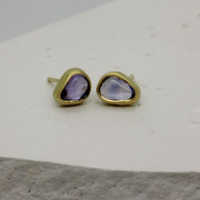 Load image into Gallery viewer, Bespoke purple sapphire stud earrings in 18ct yellow gold by Tamara Gomez