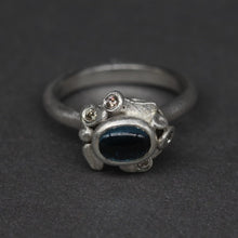Load image into Gallery viewer, Bespoke silver ring with London blue topaz and repurposed diamonds detail by Tamara Gomez