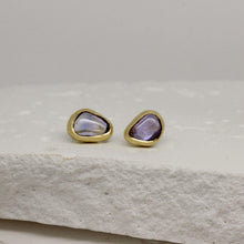 Load image into Gallery viewer, Bespoke purple sapphire stud earrings in 18ct yellow gold by Tamara Gomez