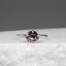 Load image into Gallery viewer, Purple sapphire ring in sterling silver with flecks of 18ct gold, featuring a hand cut Sri Lankan sapphire, handcrafted in London by Tamara Gomez.