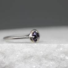 Load image into Gallery viewer, Purple sapphire ring in sterling silver with flecks of 18ct gold, featuring a hand cut Sri Lankan sapphire, handcrafted in London by Tamara Gomez.