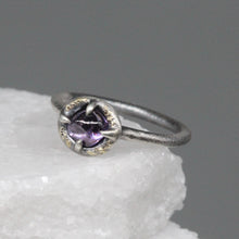 Load image into Gallery viewer, Purple sapphire ring in sterling silver with flecks of 18ct gold, featuring a hand cut Sri Lankan sapphire, handcrafted in London by Tamara Gomez.