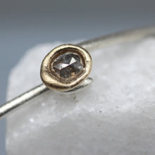 Load image into Gallery viewer, Sterling silver oval bangle with molten set rose cut diamond in 14ct yellow gold, handcrafted by Tamara Gomez.