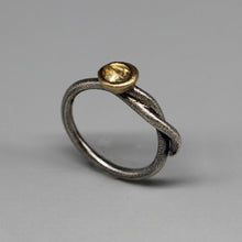 Load image into Gallery viewer, Tamara Gomez RD109 rough diamond molten set snake ring angled view in sterling silver and 14ct yellow gold