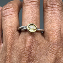Load image into Gallery viewer, Tamara Gomez RD109 rough diamond molten set snake ring worn on hand in sterling silver and 14ct yellow gold