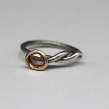 Load image into Gallery viewer, Rose cut diamond molten set snake ring in sterling silver and 14ct yellow gold angled view by Tamara Gomez