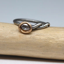 Load image into Gallery viewer, Rose cut diamond molten set snake ring in sterling silver and 14ct yellow gold profile view by Tamara Gomez