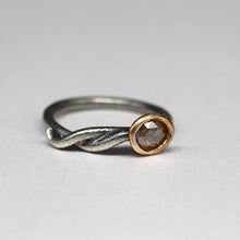 Load image into Gallery viewer, Rose cut diamond molten set snake ring in sterling silver and 14ct yellow gold angled view by Tamara Gomez