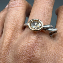 Load image into Gallery viewer, Rose cut diamond molten set snake ring in sterling silver and 14ct yellow gold worn on hand by Tamara Gomez