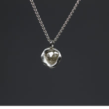 Load image into Gallery viewer, Molten-set rose cut diamond pendant necklaces in sterling silver on Byzantine chains, featuring one-carat pale grey diamonds, handcrafted in London by Tamara Gomez.