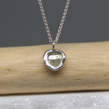 Load image into Gallery viewer, Molten-set rose cut diamond pendant necklaces in sterling silver on Byzantine chains, featuring one-carat pale grey diamonds, handcrafted in London by Tamara Gomez.