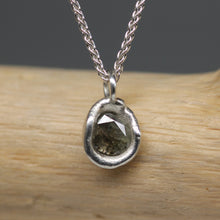 Load image into Gallery viewer, Molten-set rose cut diamond pendant necklaces in sterling silver on Byzantine chains, featuring one-carat pale grey diamonds, handcrafted in London by Tamara Gomez.