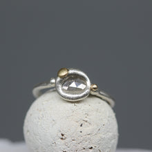 Load image into Gallery viewer, Rose cut diamond ring in molten sterling silver with 18ct yellow gold details, handcrafted in London by Tamara Gomez.