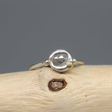 Load image into Gallery viewer, Rose cut diamond ring in molten sterling silver with 18ct yellow gold details, handcrafted in London by Tamara Gomez.