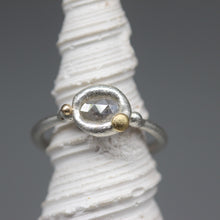 Load image into Gallery viewer, Rose cut diamond ring in molten sterling silver with 18ct yellow gold details, handcrafted in London by Tamara Gomez.