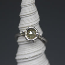 Load image into Gallery viewer, Rose cut diamond ring in molten sterling silver with sculptural horseshoe-shaped shank, handcrafted in London by Tamara Gomez.


