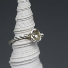 Load image into Gallery viewer, Rose cut diamond ring in molten sterling silver with sculptural horseshoe-shaped shank, handcrafted in London by Tamara Gomez.

