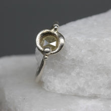 Load image into Gallery viewer, Rose cut diamond ring in molten sterling silver with sculptural horseshoe-shaped shank, handcrafted in London by Tamara Gomez.

