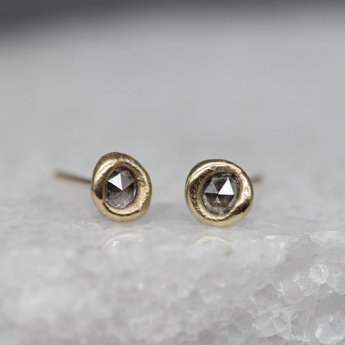 Sculptural rose cut diamond stud earrings handcrafted in 9ct yellow gold, featuring grey and white rose cut diamonds by Tamara Gomez.