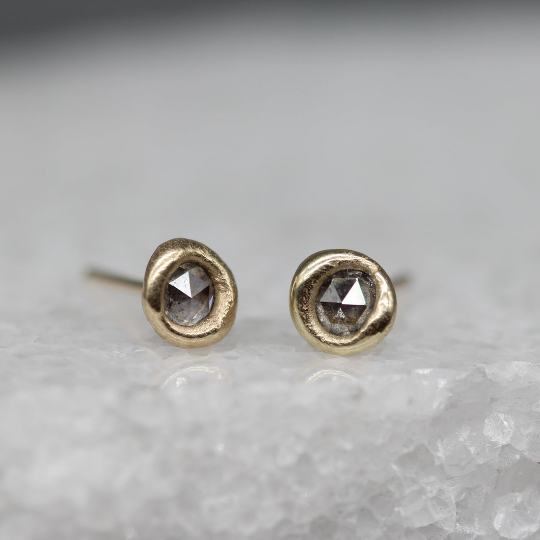 Sculptural rose cut diamond stud earrings handcrafted in 9ct yellow gold, featuring grey and white rose cut diamonds by Tamara Gomez.