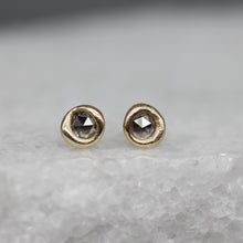 Load image into Gallery viewer, Sculptural rose cut diamond stud earrings handcrafted in 9ct yellow gold, featuring grey and white rose cut diamonds by Tamara Gomez.