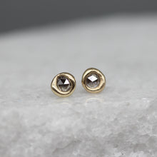 Load image into Gallery viewer, Sculptural rose cut diamond stud earrings handcrafted in 9ct yellow gold, featuring grey and white rose cut diamonds by Tamara Gomez.