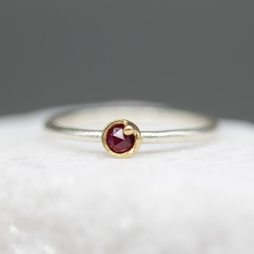 Rose cut ruby bud ring in 18ct yellow gold and sterling silver with tiny gold bauble detail, handcrafted in London by Tamara Gomez.

