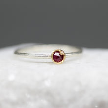 Load image into Gallery viewer, Rose cut ruby bud ring in 18ct yellow gold and sterling silver with tiny gold bauble detail, handcrafted in London by Tamara Gomez.

