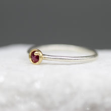 Load image into Gallery viewer, Rose cut ruby bud ring in 18ct yellow gold and sterling silver with tiny gold bauble detail, handcrafted in London by Tamara Gomez.

