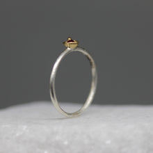 Load image into Gallery viewer, Rose cut ruby bud ring in 18ct yellow gold and sterling silver with tiny gold bauble detail, handcrafted in London by Tamara Gomez.

