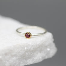Load image into Gallery viewer, Rose cut ruby bud ring in 18ct yellow gold and sterling silver with tiny gold bauble detail, handcrafted in London by Tamara Gomez.

