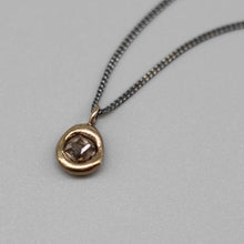 Load image into Gallery viewer, Sculptural 0.5ct rough diamond pendant in brushed gold on fine blackened silver chain, handcrafted in London by Tamara Gomez.
