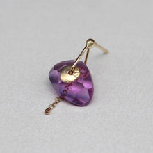 Load image into Gallery viewer, Single sequin earring with vibrant pink and purple watercolour sapphire in a 9ct yellow gold setting, handcrafted in London by Tamara Gomez