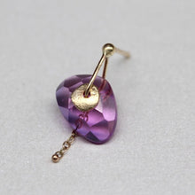 Load image into Gallery viewer, Single sequin earring with vibrant pink and purple watercolour sapphire in a 9ct yellow gold setting, handcrafted in London by Tamara Gomez