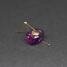 Load image into Gallery viewer, Single sequin earring with vibrant pink and purple watercolour sapphire in a 9ct yellow gold setting, handcrafted in London by Tamara Gomez