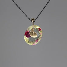 Load image into Gallery viewer, Primrose and fuchsia watercolour sapphire sequin pendant necklace in sterling silver and 9ct yellow gold, handcrafted in London by Tamara Gomez.