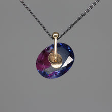 Load image into Gallery viewer, Indigo and magenta watercolour sapphire sequin pendant necklace in 9ct yellow gold and sterling silver, handcrafted in London by Tamara Gomez