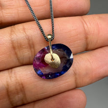 Load image into Gallery viewer, Indigo and magenta watercolour sapphire sequin pendant necklace in 9ct yellow gold and sterling silver, handcrafted in London by Tamara Gomez