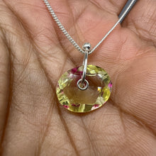 Load image into Gallery viewer, Primrose and fuchsia watercolour sapphire sequin pendant necklace handcrafted in sterling silver by Tamara Gomez.

