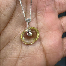 Load image into Gallery viewer, Primrose and fuchsia watercolour sapphire sequin pendant necklace handcrafted in sterling silver by Tamara Gomez.