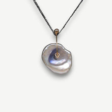Load image into Gallery viewer, Watercolour Sapphire and Keshi Pearl Sequin pendant necklace handcrafted in sterling silver with a 9ct yellow gold fitting by Tamara Gomez.
