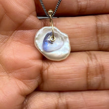 Load image into Gallery viewer, Watercolour Sapphire and Keshi Pearl Sequin pendant necklace handcrafted in sterling silver with a 9ct yellow gold fitting by Tamara Gomez.