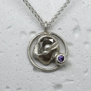 Rose cut diamond necklace in silver and violet sapphire