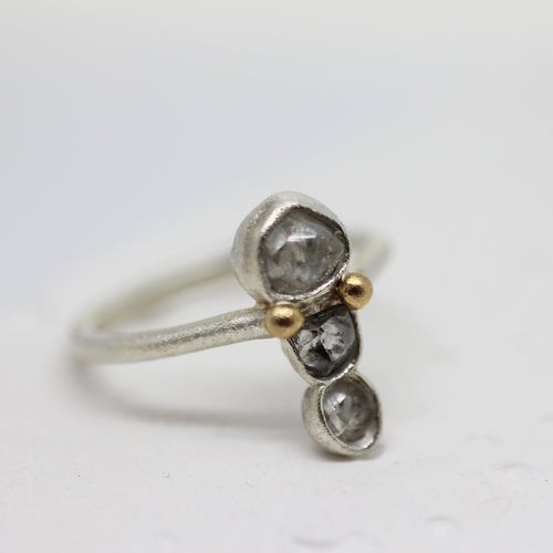 Grey rough diamond onwards ring in silver and gold by Tamara Gomez